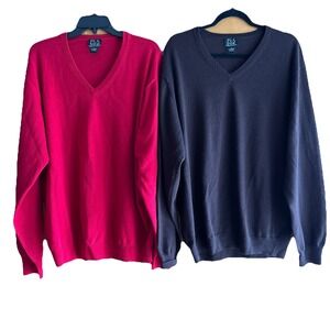(2) Jos A Bank Mens XL Red Brown Merino Wool V-Neck Long Sleeve Sweater Normcore